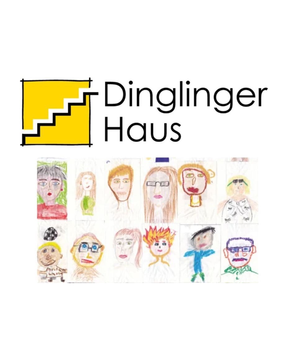 Logo des Dinglinger Hauses über gemalten Porträts von Kindern